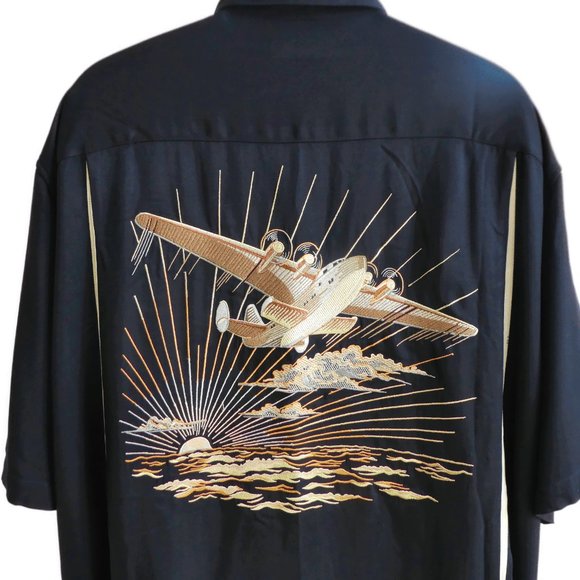 Tori Richard Other - SiLK Tori Richard Black Shirt Embroidered Aviation Sunset Skies Short Sleeve 2XL